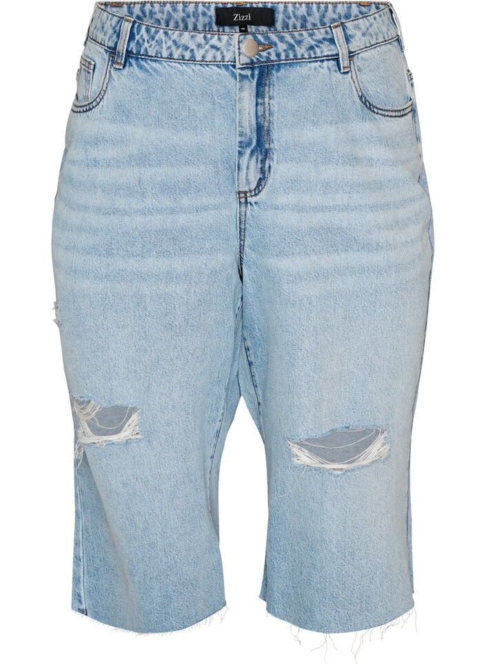 Cropped jeans with a distressed look and raw edges, Light Blue, Packshot image number 0