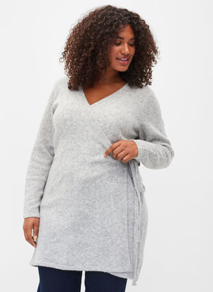 Melange knitted cardigan with wrap, Light Grey Melange, Model image number 0
