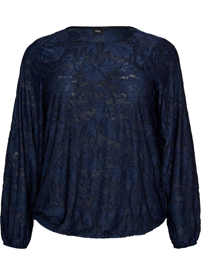 Sheer blouse with floral texture and long sleeves, Blue, Packshot image number 0