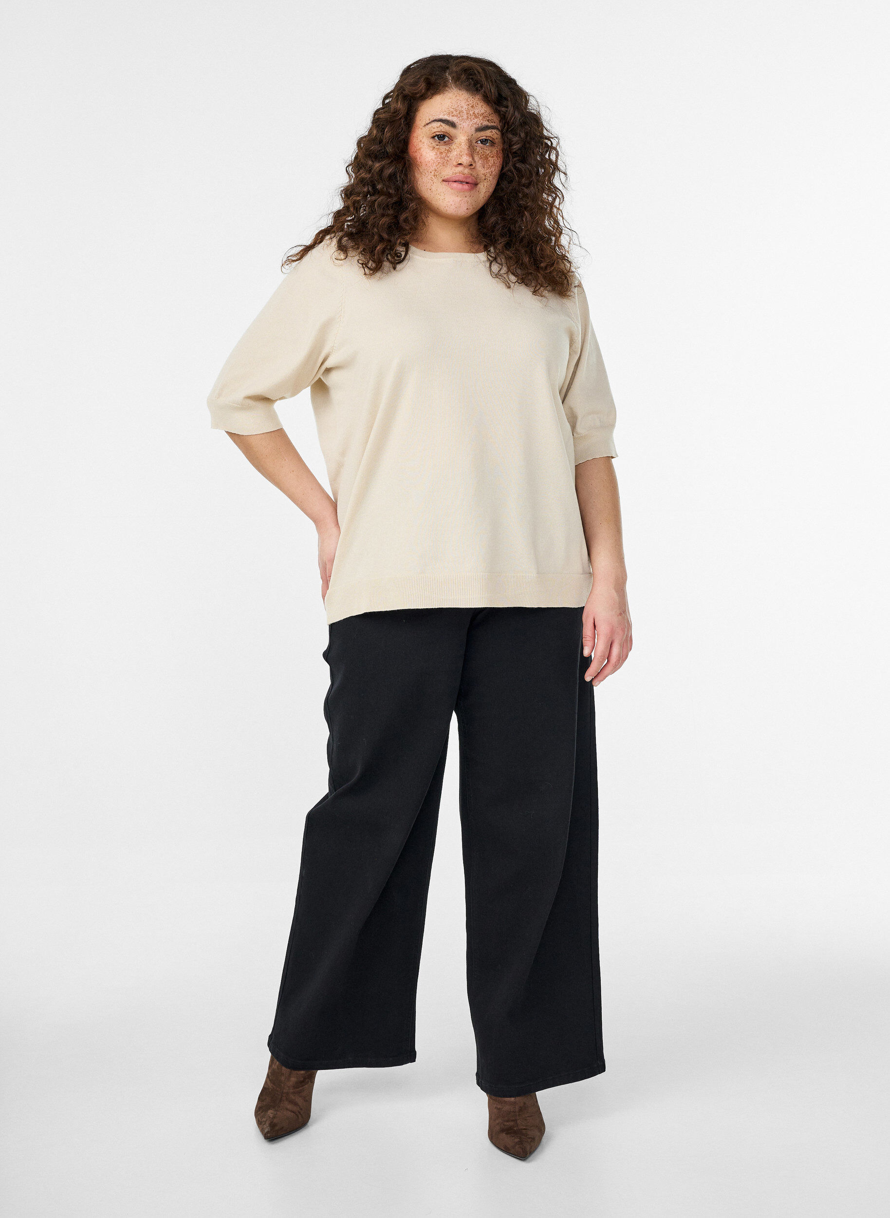 ZizzifashionFine-knit blouse with short sleeves, Beige, Model image number 1