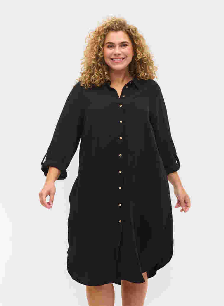 Long solid-coloured viscose shirt with 3/4 sleeves, Black, Model image number 0