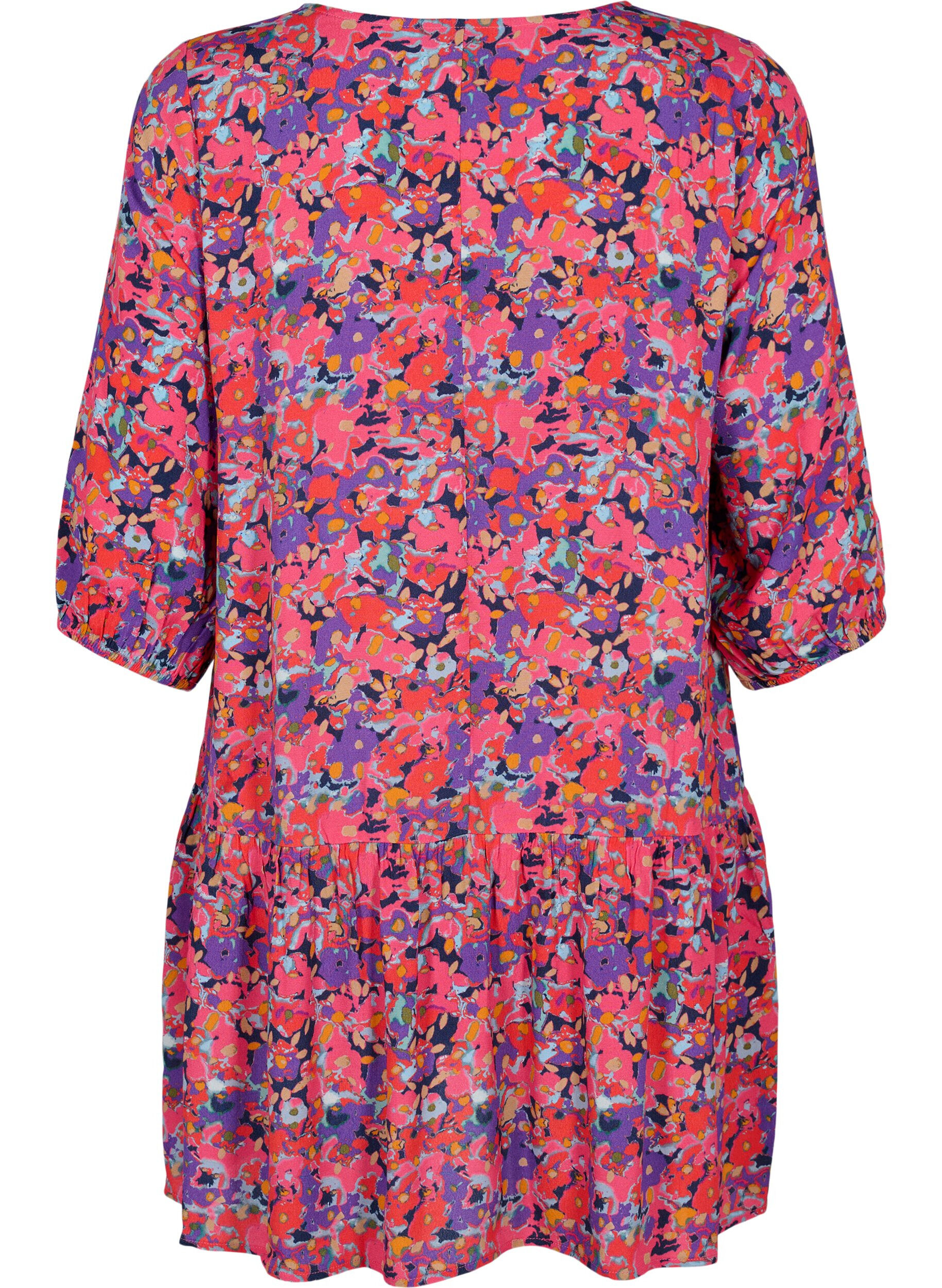 Zizzifashion Viscose tunic with A-line cut, Pink Small FL. AOP, Packshot image number 1
