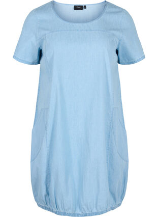 Short-sleeved denim dress with pockets, Light blue denim, Packshot image number 0
