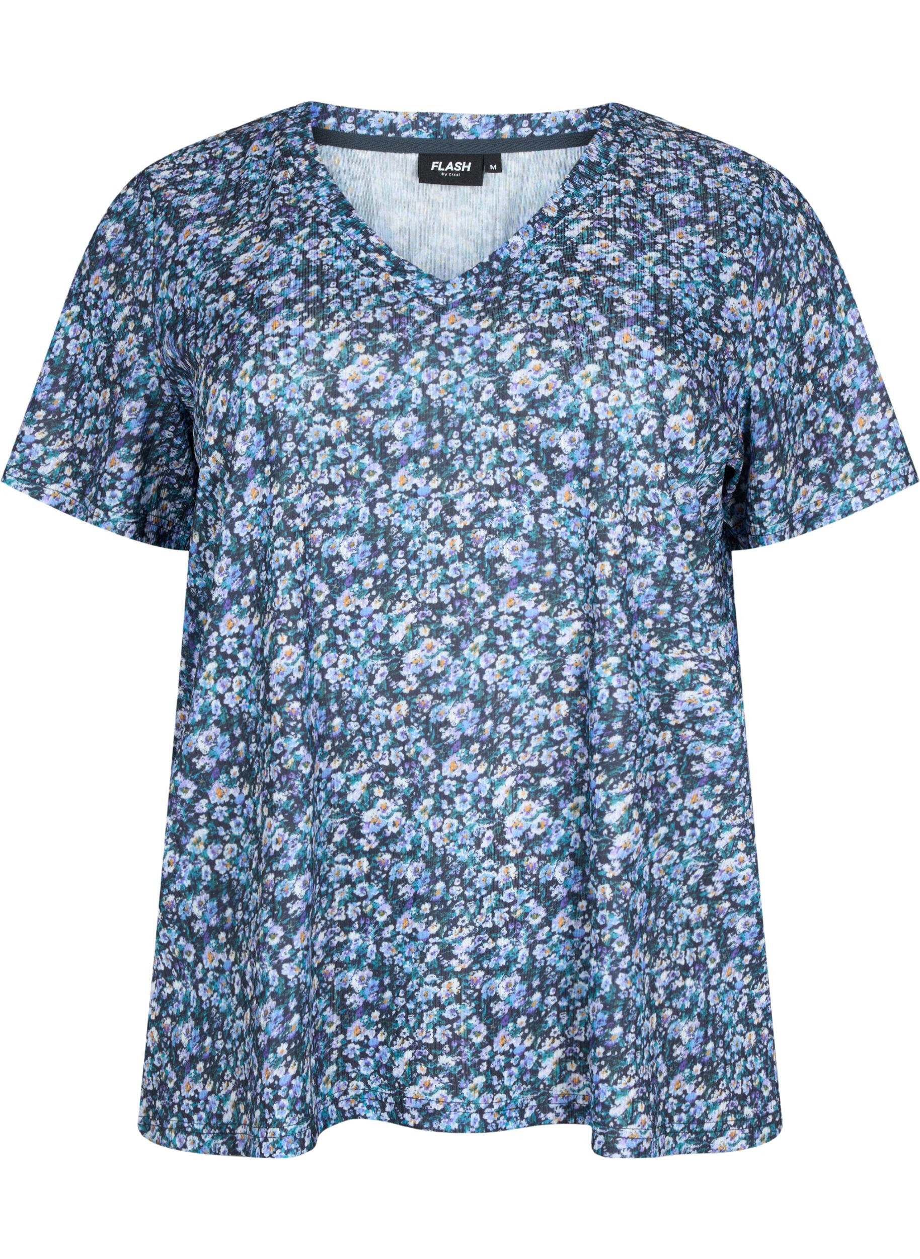 Zizzifashion FLASH - Printed t-shirt with v-neck, Blue Green Ditsy, Packshot image number 0