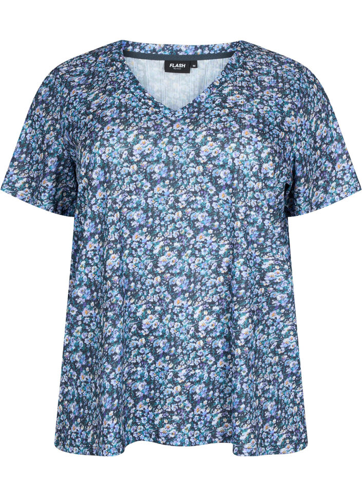 FLASH - Printed t-shirt with v-neck, Blue Green Ditsy, Packshot image number 0