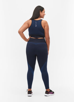 Seamless sport tights with stripes, Black w. Blue Depths, Model image number 1