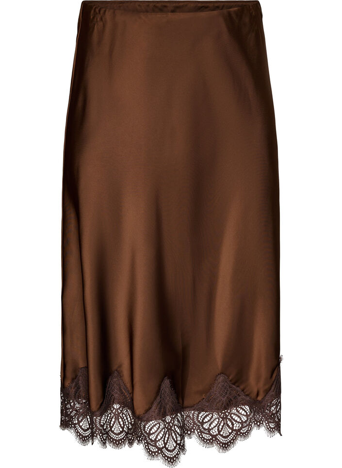 Midi satin skirt with lace trim, Brown, Packshot image number 0