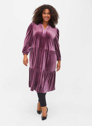 Velvet dress with ruffle collar and 3/4 sleeves, Winetasting, Model image number 0