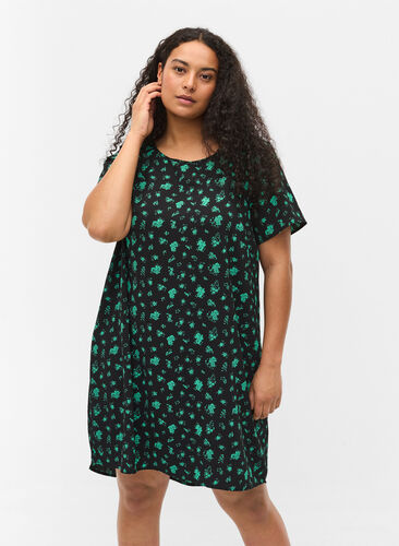 Dress with shorts sleeves, Green Flower AOP, Model image number 0