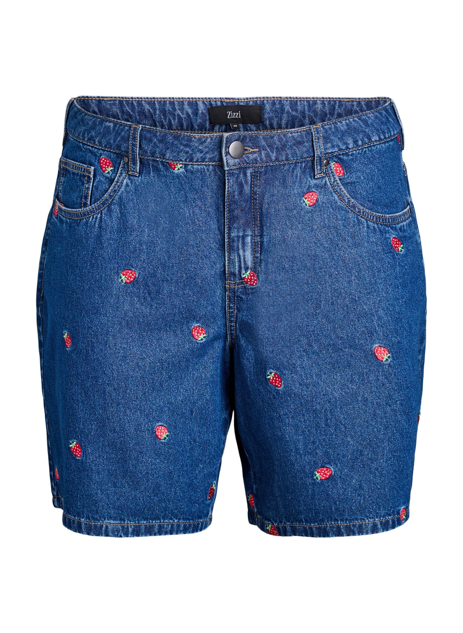 ZizzifashionDenim shorts with embroidered strawberries, Blue, Packshot image number 0