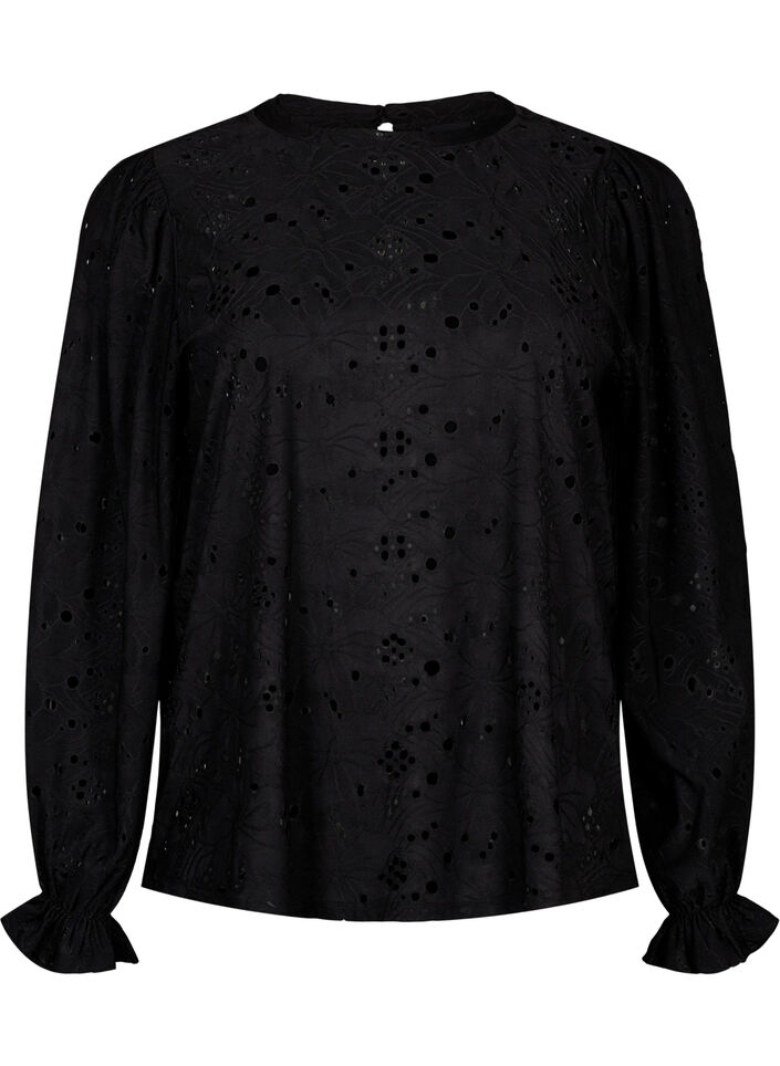 Long-sleeved blouse with hole pattern, Black, Packshot image number 0