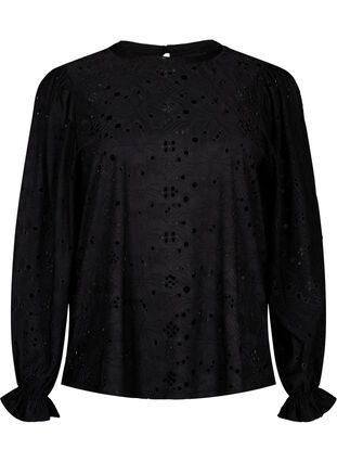 Long-sleeved blouse with hole pattern, Black, Packshot image number 0