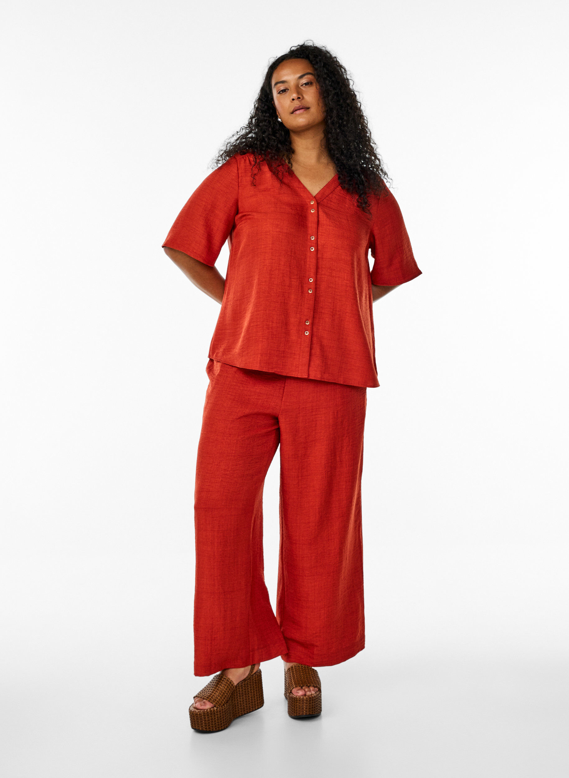 ZizzifashionV-neck shirt blouse with short sleeves, Red, Model image number 1