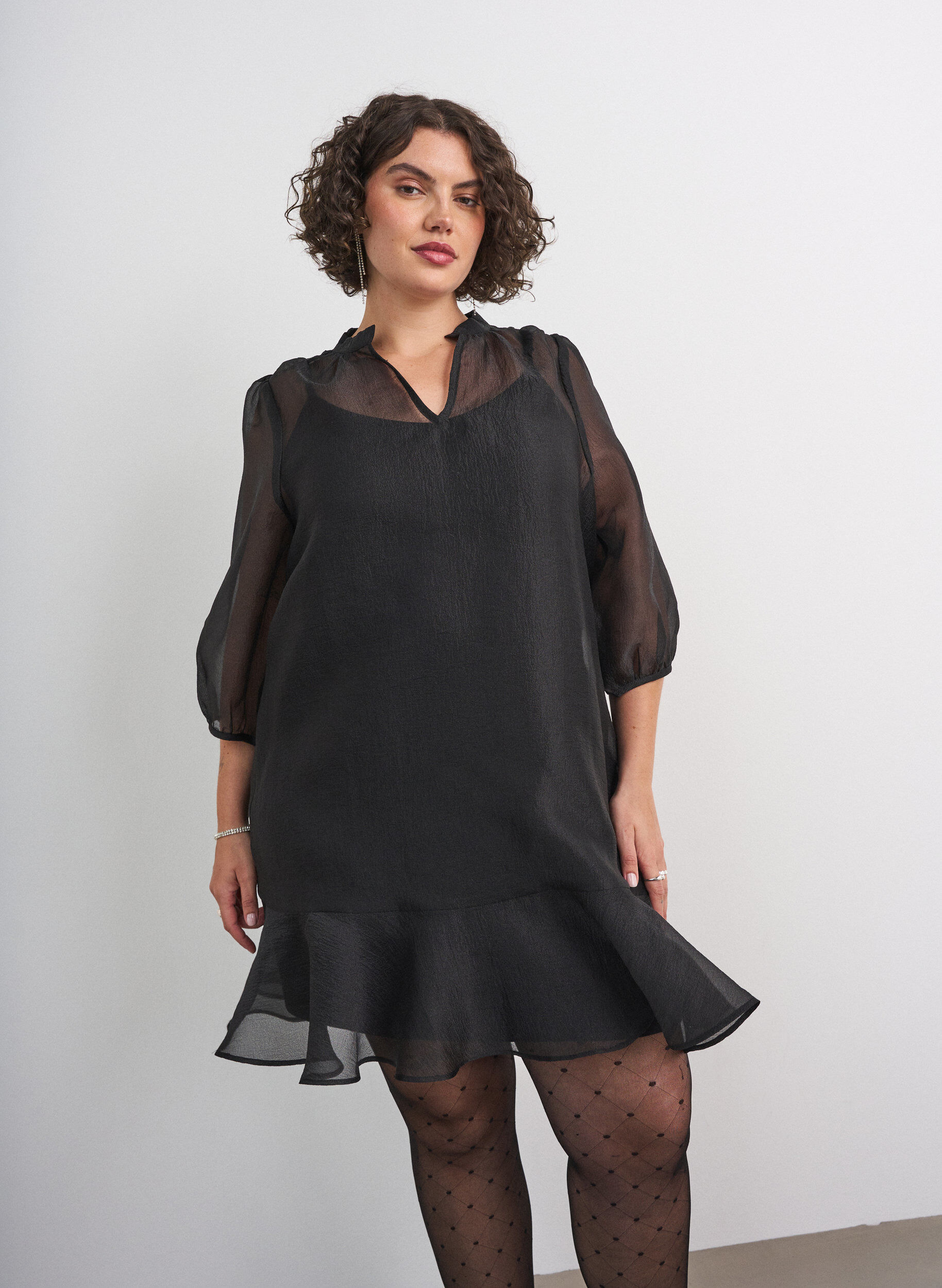 ZizzifashionShort organza dress with ruffle hem, Black, Model image number 0