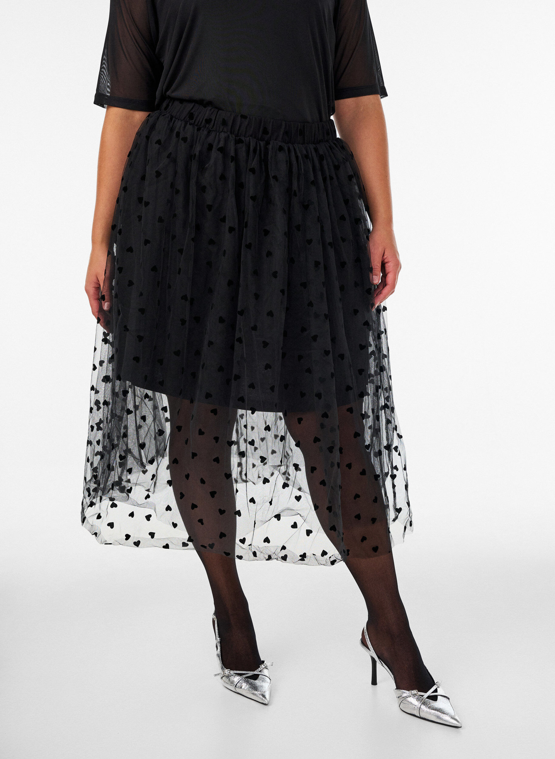 ZizzifashionMidi tulle skirt with hearts, Black, Model image number 0