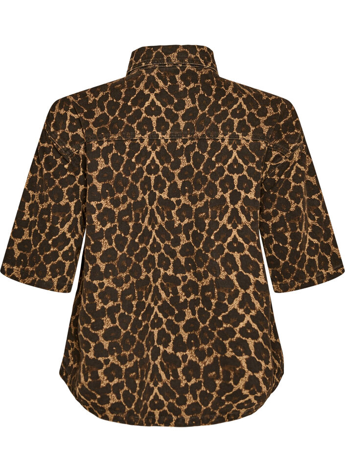 Denim shirt with leopard print and short sleeves, Brown, Packshot image number 1