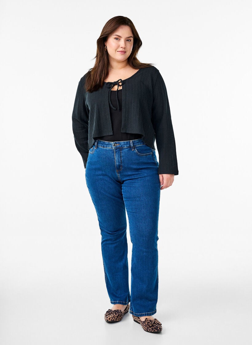 Jersey cardigan with texture and tie front, Black, Model image number 1