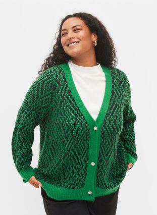 Patterned knitted cardigan with buttons, Jolly Green Comb, Model image number 0