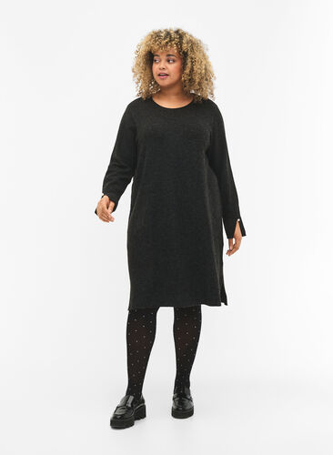 Knitted dress with slit in the sleeves, Dark Grey Melange, Model image number 3