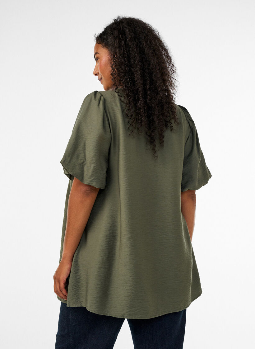 Tunic with balloon sleeves and a V-neck, Green, Model image number 2