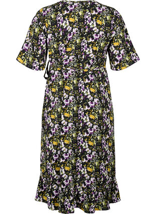 Printed wrap dress with short sleeves , Black S. Flower AOP, Packshot image number 1
