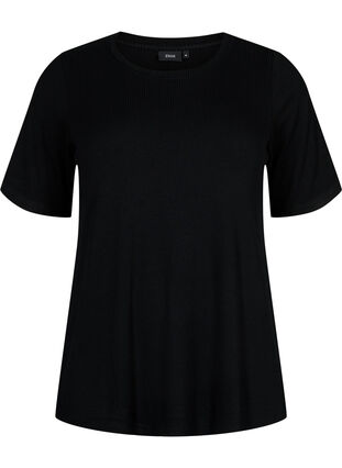T-shirt in viscose with rib structure, Black, Packshot image number 0