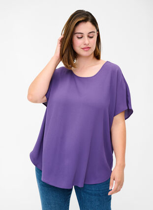 Blouse with short sleeves and a round neckline, Loganberry, Model image number 0