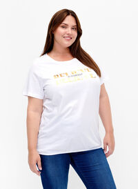 Cotton t-shirt with foil print, B. White w. Believe, Model