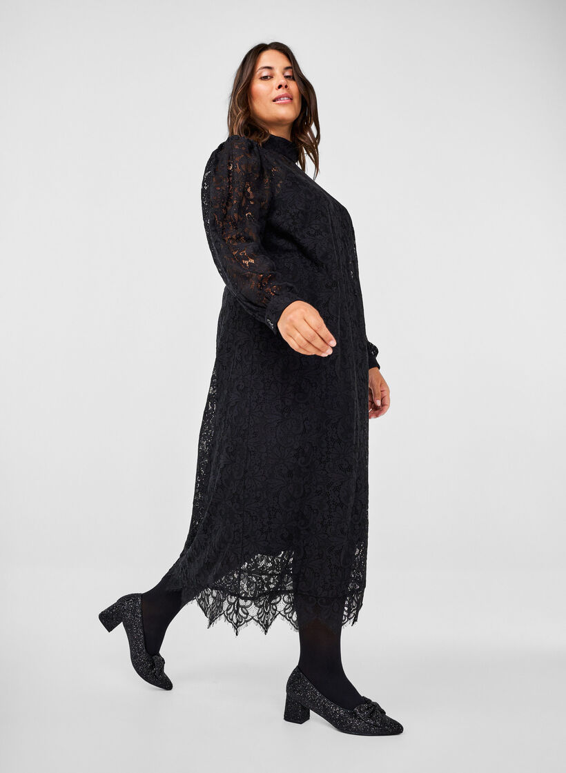 Long-sleeved lace dress with high neck, Black, Image image number 0
