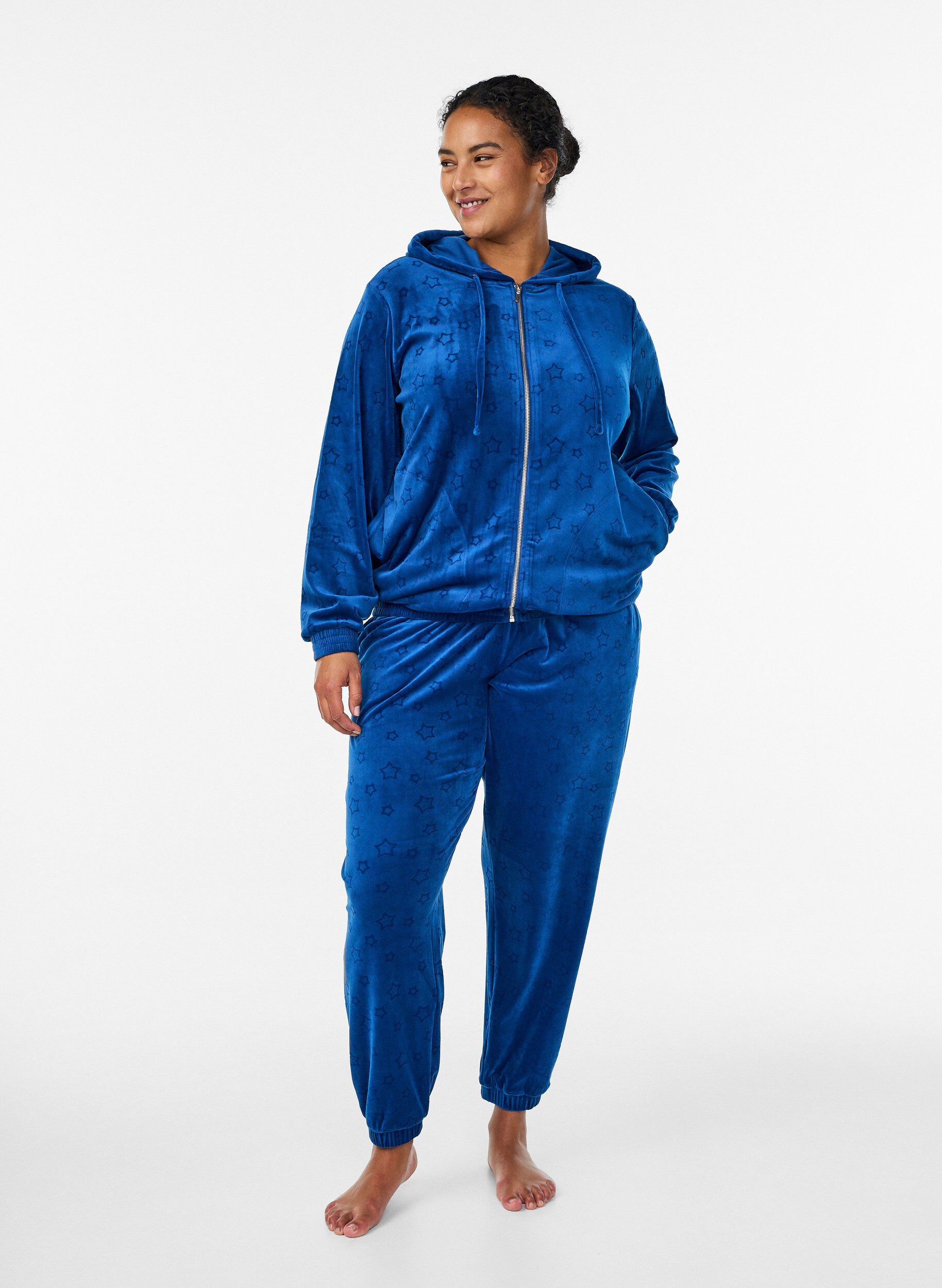 Zizzifashion Hooded velour cardigan with pockets, Blue, Model image number 1