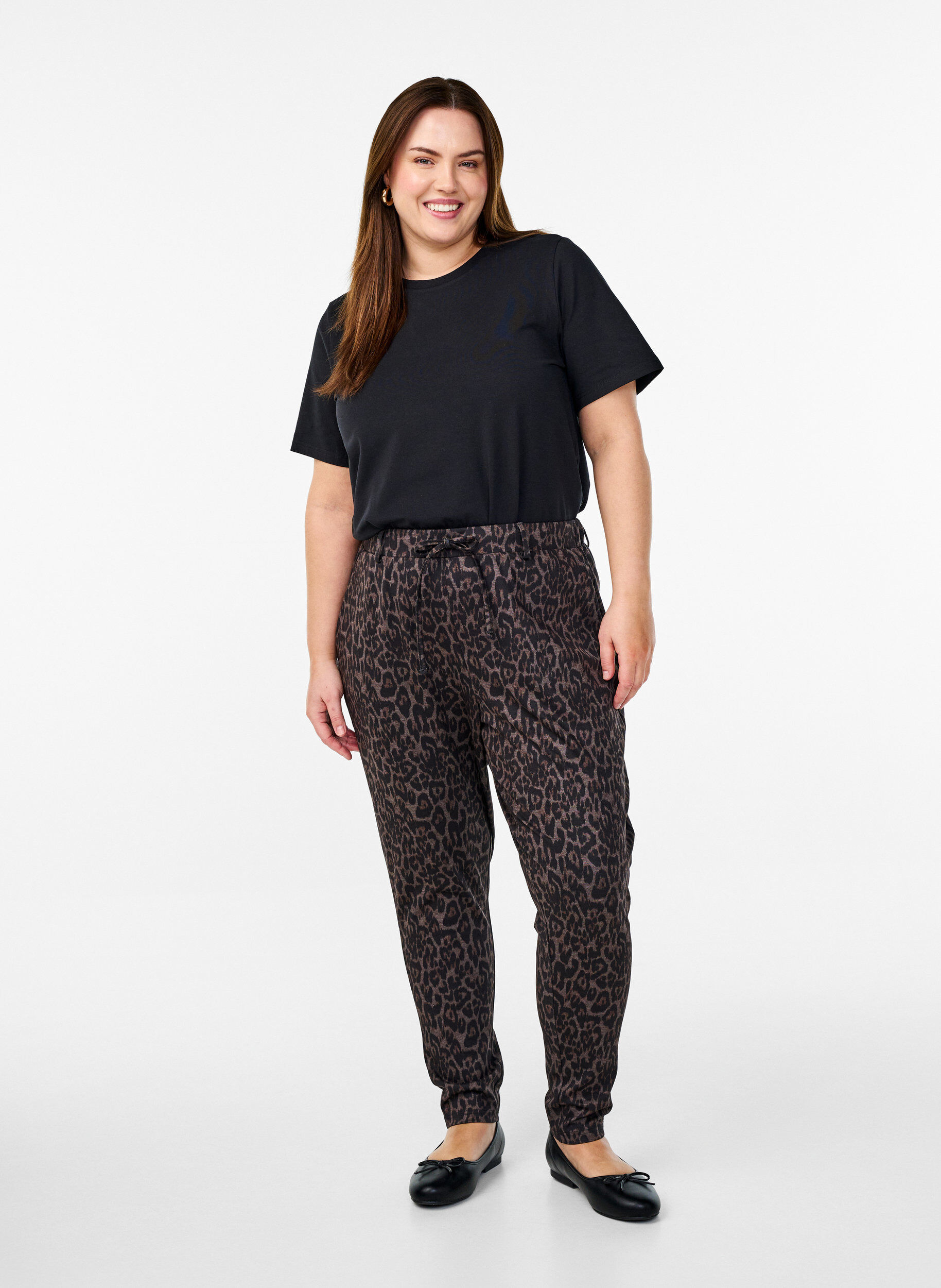 Zizzifashion Cropped trousers with leopard print, Brown, Model image number 0