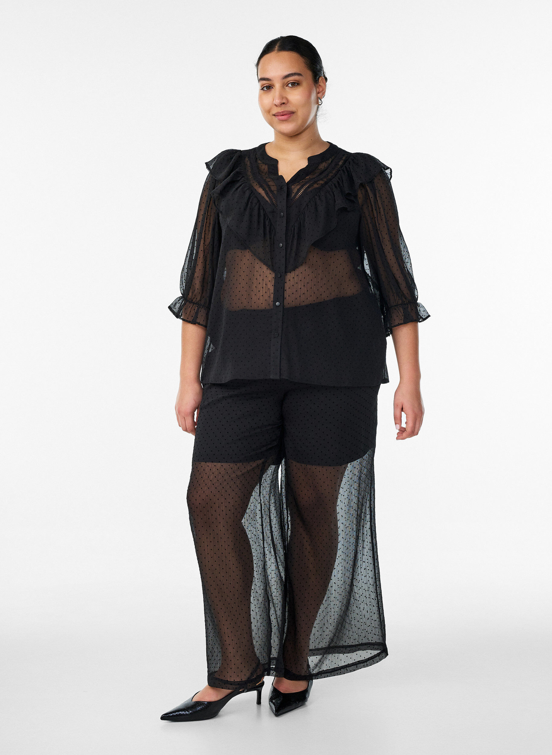 ZizzifashionSheer shirt blouse with dots and ruffle details, Black, Model image number 1