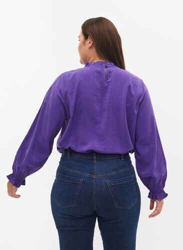 Long-sleeved viscose blouse with ruffles, Prism Violet, Model image number 1