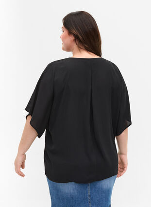 V-neck blouse with batwing sleeves, Black, Model image number 1