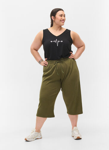 Loose culotte trousers in rib fabric, Ivy Green, Model image number 0