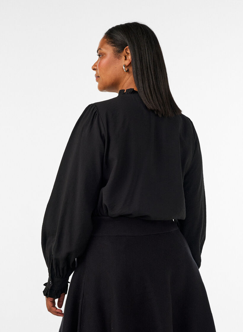Shirt blouse with embroidered flower appliqu&eacute;s, Black, Model image number 2