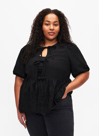 Viscose blouse with embroidery anglaise, Black, Model