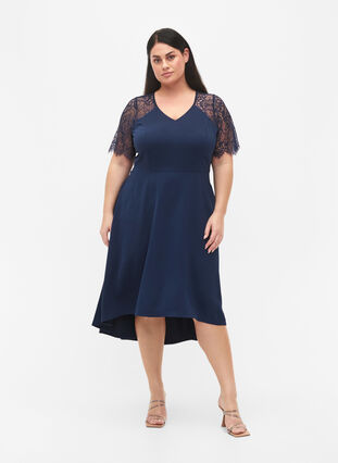 Midi dress with short lace sleeves - Blue - Sz. 40-64 - Zizzifashion Midi dress with short lace sleeves - Blue - Sz. 40-64 - Zizzifashion