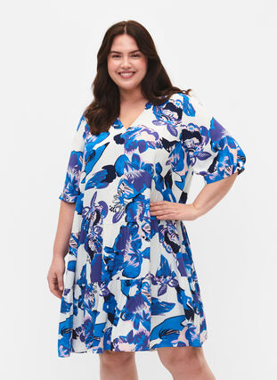 Viscose dress with print and half-length sleeves, Bright White AOP LE, Model image number 0