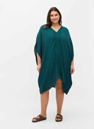 Viscose beach dress with lace details, Deep Teal, Model image number 2