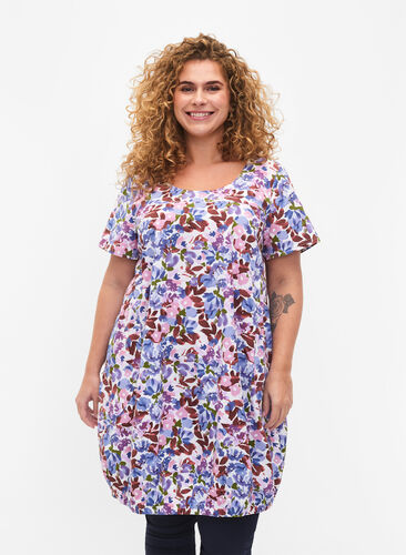 Short-sleeved cotton dress with floral print, Cloud D. Flower AOP, Model image number 0
