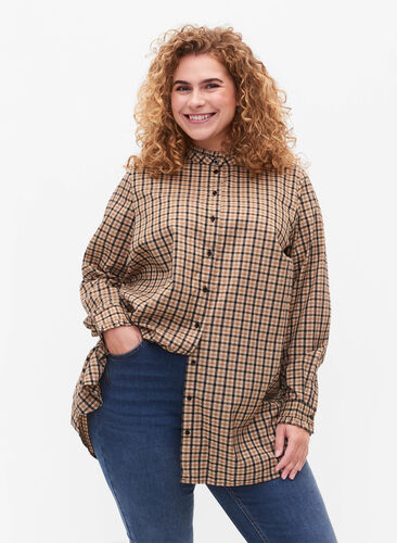 Checked shirt blouse with ruffles, Brown Check, Model image number 0