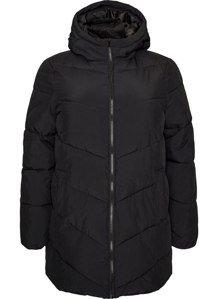 Mid-length puffer jacket with hood, Black, Packshot image number 0