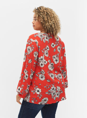 Long-sleeved floral viscose blouse, Fiery Red Flower AOP, Model image number 1
