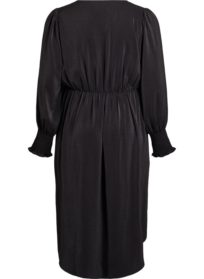 Midi dress with wrap-look and smock sleeves, Black, Packshot image number 1