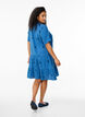 Short cotton muslin dress with embroidered flowers, Blue, Model image number 2