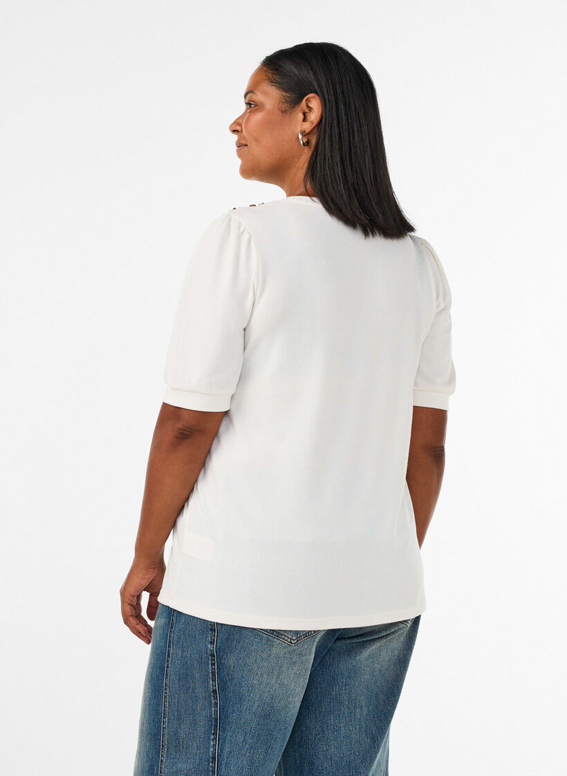 Blouse with button detail and short puff sleeves, Beige, Model image number 2