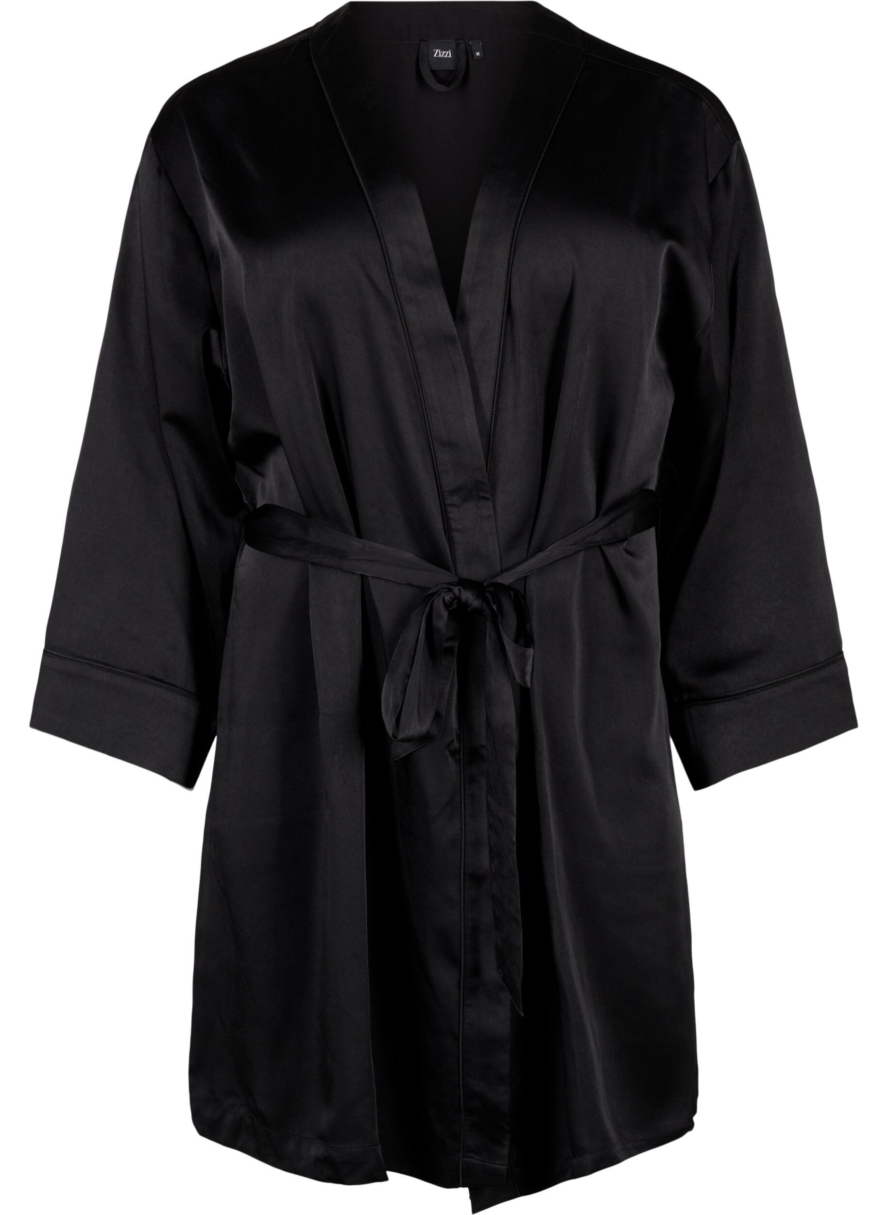Zizzifashion Satin kimono with belt, Black, Packshot image number 0