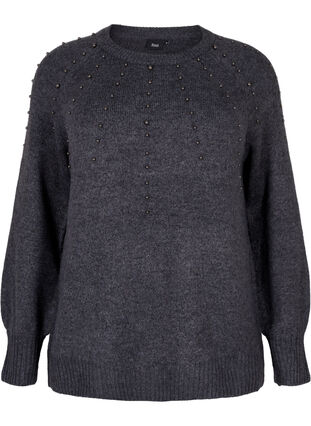 Knitted jumper with beads, Dark Grey Melange, Packshot image number 0