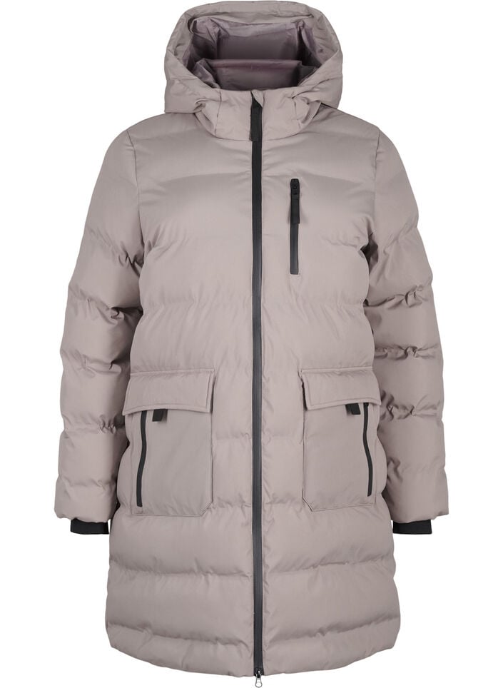 Puffer coat with hood and pockets, Beige, Packshot image number 0